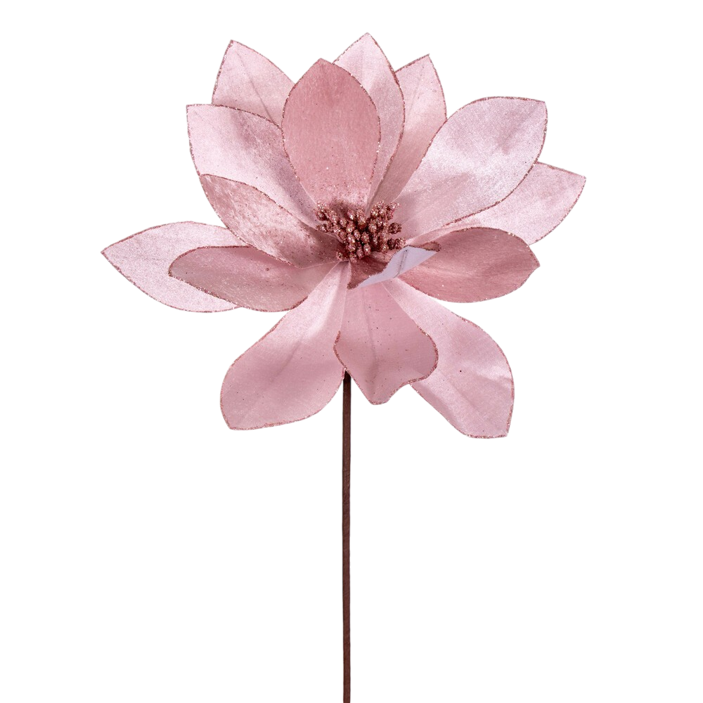 Pink Velvet Sheen Glitter Trim Poinsettia Stem - The Sandy Santa