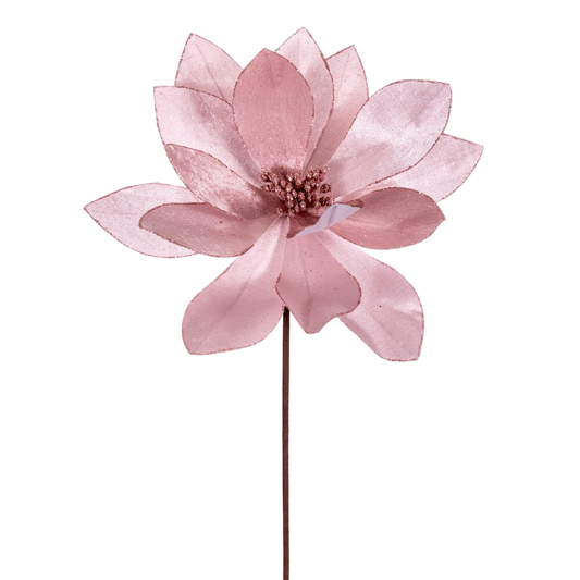 Pink Velvet Sheen Glitter Trim Poinsettia Stem - The Sandy Santa