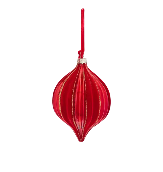 Red Flock Gold Glitter Finial Ornament - The Sandy Santa