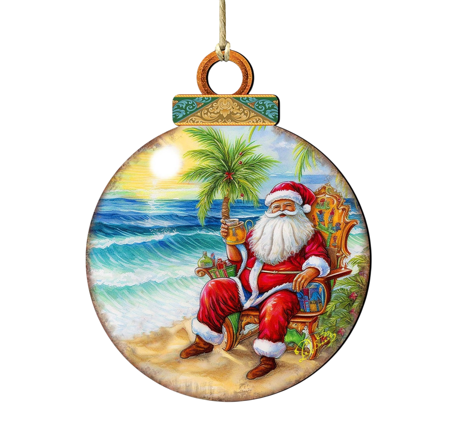 Coastal Sunset w/Santa Wooden Ornament - The Sandy Santa