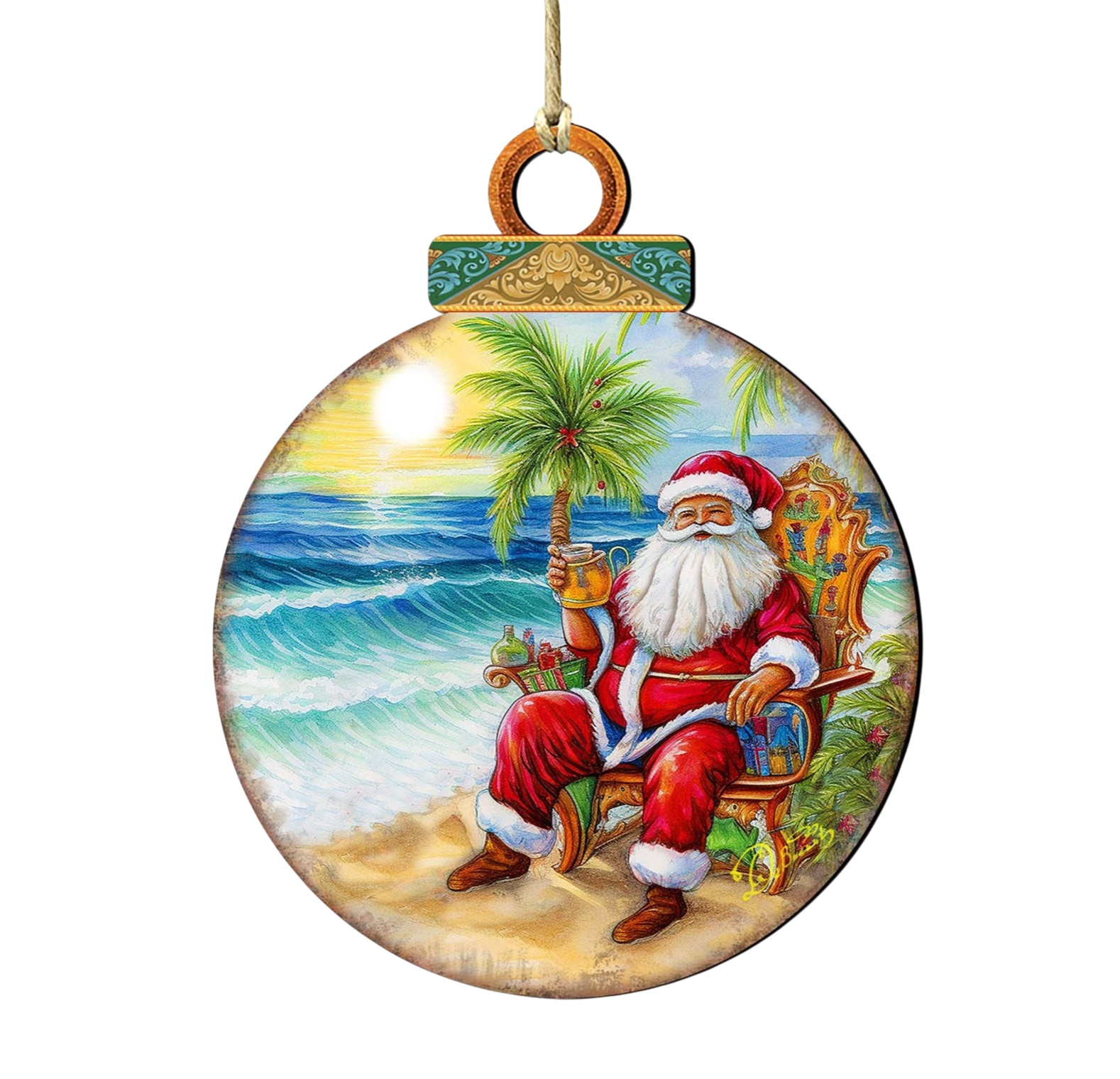 Coastal Sunset w/Santa Wooden Ornament - The Sandy Santa
