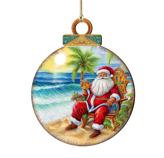 Coastal Sunset w/Santa Wooden Ornament - The Sandy Santa