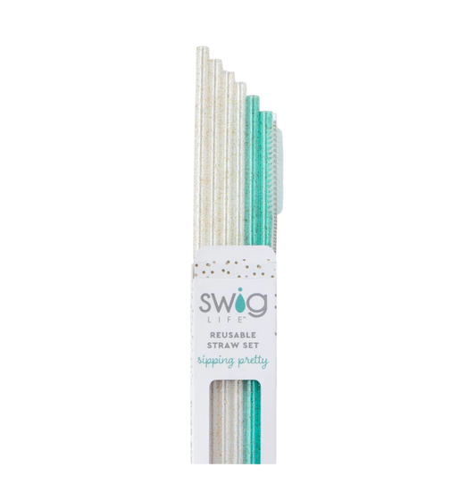 Glitter Clear + Aqua Reusable Straw Set - The Sandy Santa