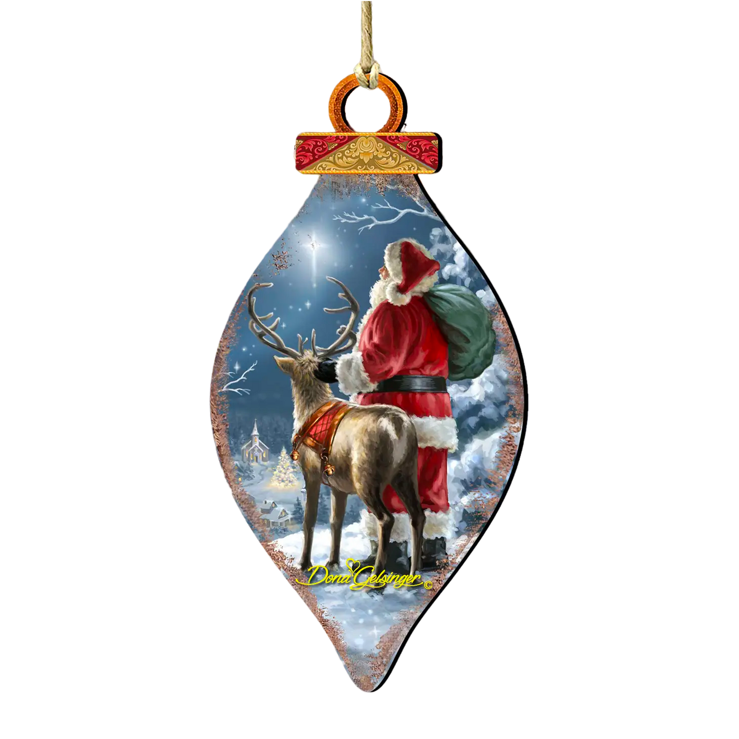 Starry Night Santa Cone Wood Ornament