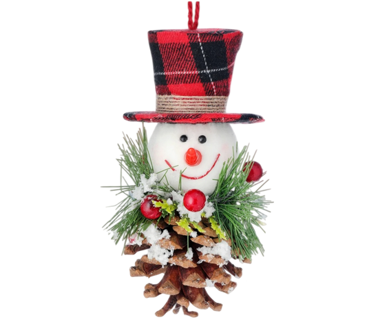 Snowman w/Top Hat on Pine Cone Ornament - The Sandy Santa