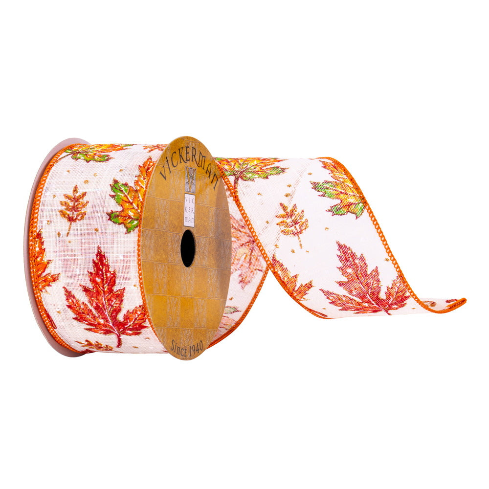 White Fall Leaves Ribbon - The Sandy Santa